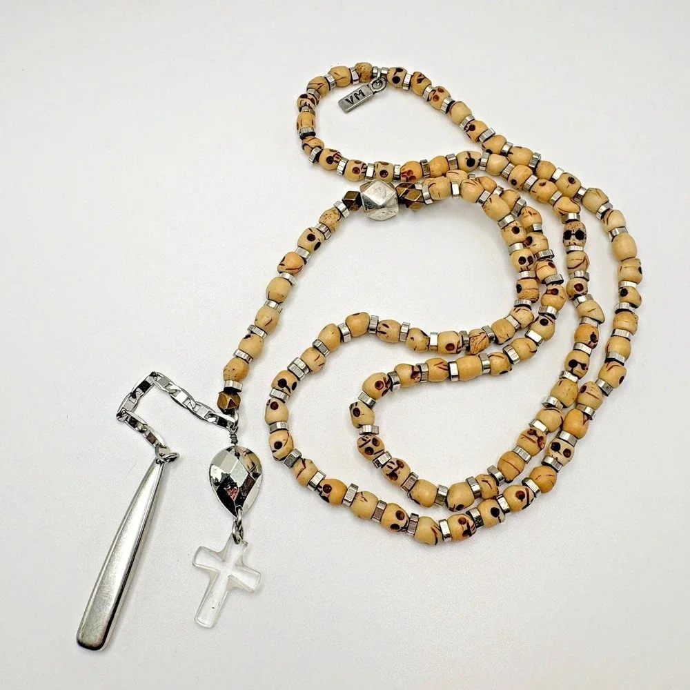 Vintage Handmade Rosary Skull Beads Lucite Cross VM Momento Hand Carved